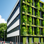 **

A vibrant urban scene in Berlin featuring a building with a lush vertical garden covering its facade. Include people enjoying a sunny day in a park nearby. Focus on the contrast between the green nature and modern architecture. Style: Photorealistic, high resolution.

**