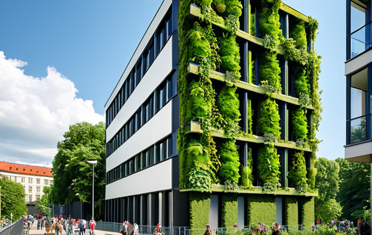 **

A vibrant urban scene in Berlin featuring a building with a lush vertical garden covering its facade. Include people enjoying a sunny day in a park nearby. Focus on the contrast between the green nature and modern architecture. Style: Photorealistic, high resolution.

**