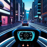 **Prompt:** A futuristic cityscape at dusk. Self-driving cars with glowing lights navigate smart streets lined with sensors and cameras. In the background, a holographic display shows real-time data analysis being used by law enforcement. Emphasize the contrast between technological advancement and potential surveillance. Dramatic, slightly dystopian, German aesthetic.