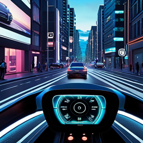 Home 17 **Prompt:** A futuristic cityscape at dusk. Self-driving cars with glowing lights navigate smart streets lined with sensors and cameras. In the background, a holographic display shows real-time data analysis being used by law enforcement. Emphasize the contrast between technological advancement and potential surveillance. Dramatic, slightly dystopian, German aesthetic.