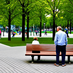 A vibrant urban park in a modern German city center, where a former large parking lot has been transformed into a lush green space. Families and individuals in modest, everyday appropriate attire are enjoying the area, with children playing on a clean, modern playground, and adults relaxing on benches amidst native trees and blooming flowerbeds. Smart city infrastructure, like subtle, energy-efficient streetlights, are integrated seamlessly into the design. The atmosphere is peaceful and inviting, reflecting enhanced urban living quality. Professional photography, high quality, perfect anatomy, correct proportions, natural pose, well-formed hands, proper finger count, natural body proportions, safe for work, appropriate content, fully clothed, family-friendly.