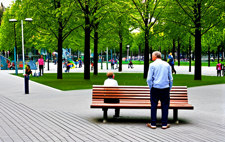 A vibrant urban park in a modern German city center, where a former large parking lot has been transformed into a lush green space. Families and individuals in modest, everyday appropriate attire are enjoying the area, with children playing on a clean, modern playground, and adults relaxing on benches amidst native trees and blooming flowerbeds. Smart city infrastructure, like subtle, energy-efficient streetlights, are integrated seamlessly into the design. The atmosphere is peaceful and inviting, reflecting enhanced urban living quality. Professional photography, high quality, perfect anatomy, correct proportions, natural pose, well-formed hands, proper finger count, natural body proportions, safe for work, appropriate content, fully clothed, family-friendly.