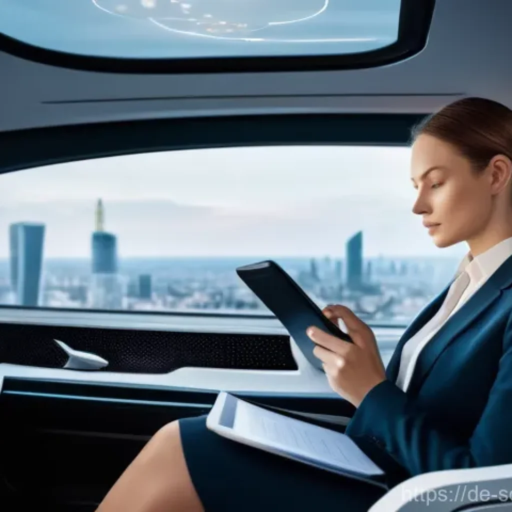 자율주행 도시의 직장 및 주거 공간 통합 - **"A serene, futuristic autonomous vehicle interior transformed into a luxurious mobile office. A Ge...