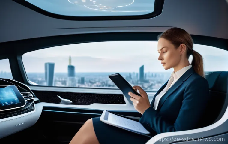 자율주행 도시의 직장 및 주거 공간 통합 - **"A serene, futuristic autonomous vehicle interior transformed into a luxurious mobile office. A Ge...