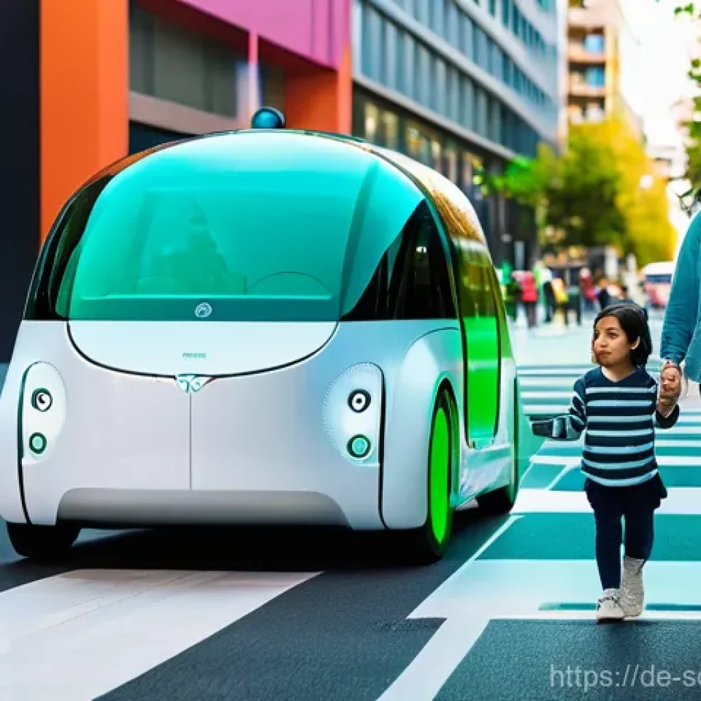 자율주행차와 기존 차량의 상호작용 설계 - **Prompt 1: Clear Communication at a Crosswalk**
"A clean, modern autonomous shuttle vehicle, de...