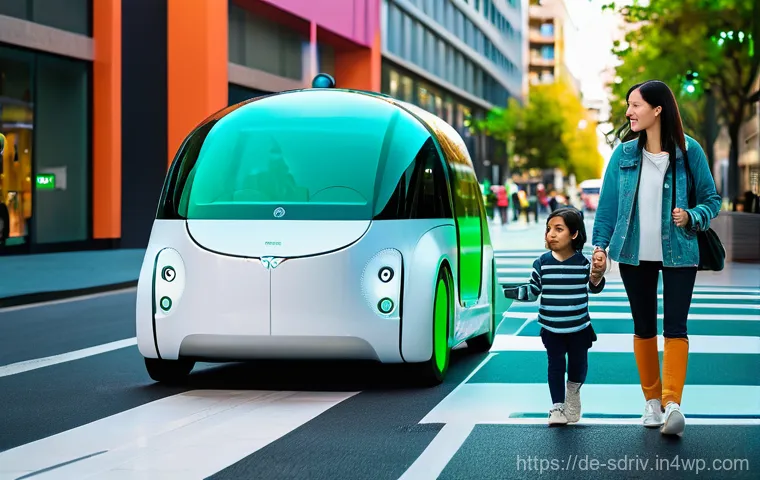 자율주행차와 기존 차량의 상호작용 설계 - **Prompt 1: Clear Communication at a Crosswalk**
"A clean, modern autonomous shuttle vehicle, de...