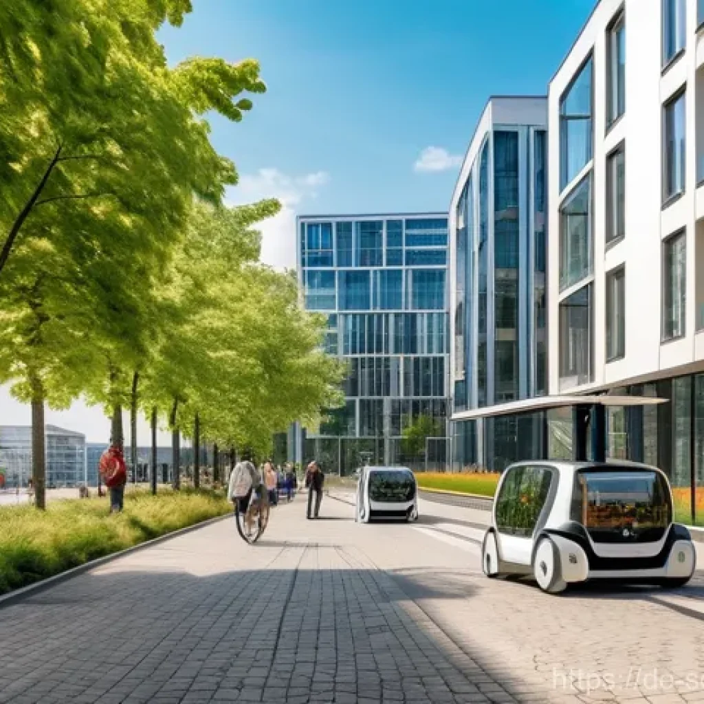 자율주행 도시의 대기오염 저감 방안 - **Prompt:** A serene, futuristic German city street on a bright day, showcasing the harmonious integ...