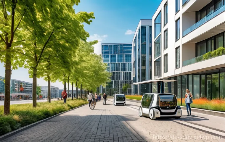 자율주행 도시의 대기오염 저감 방안 - **Prompt:** A serene, futuristic German city street on a bright day, showcasing the harmonious integ...