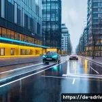 자율주행 도시에서의 사고 대응 체계 구축 - A futuristic urban street scene in Germany showcasing an autonomous electric vehicle equipped with m...