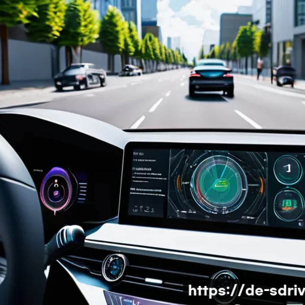 자율주행차의 통합적인 유지보수 시스템 - A high-tech autonomous vehicle interior dashboard showing a futuristic digital interface with multip...