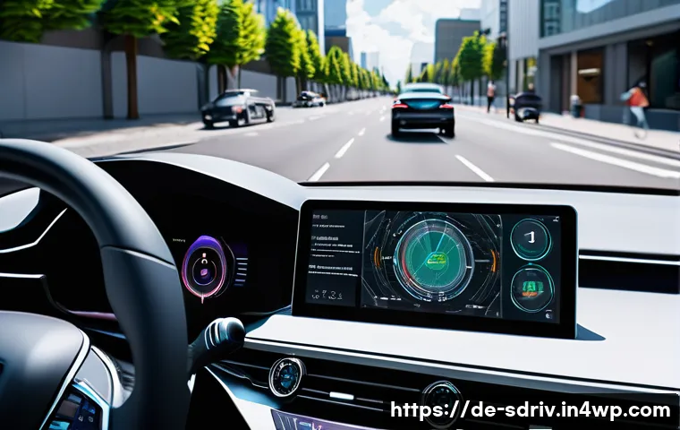 자율주행차의 통합적인 유지보수 시스템 - A high-tech autonomous vehicle interior dashboard showing a futuristic digital interface with multip...