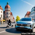 자율주행 시스템의 법적 고려사항 - A modern German city street scene featuring a fully autonomous electric car driving calmly alongside...