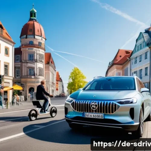 자율주행 시스템의 법적 고려사항 - A modern German city street scene featuring a fully autonomous electric car driving calmly alongside...