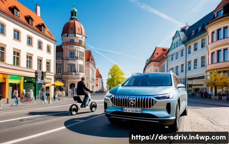 자율주행 시스템의 법적 고려사항 - A modern German city street scene featuring a fully autonomous electric car driving calmly alongside...