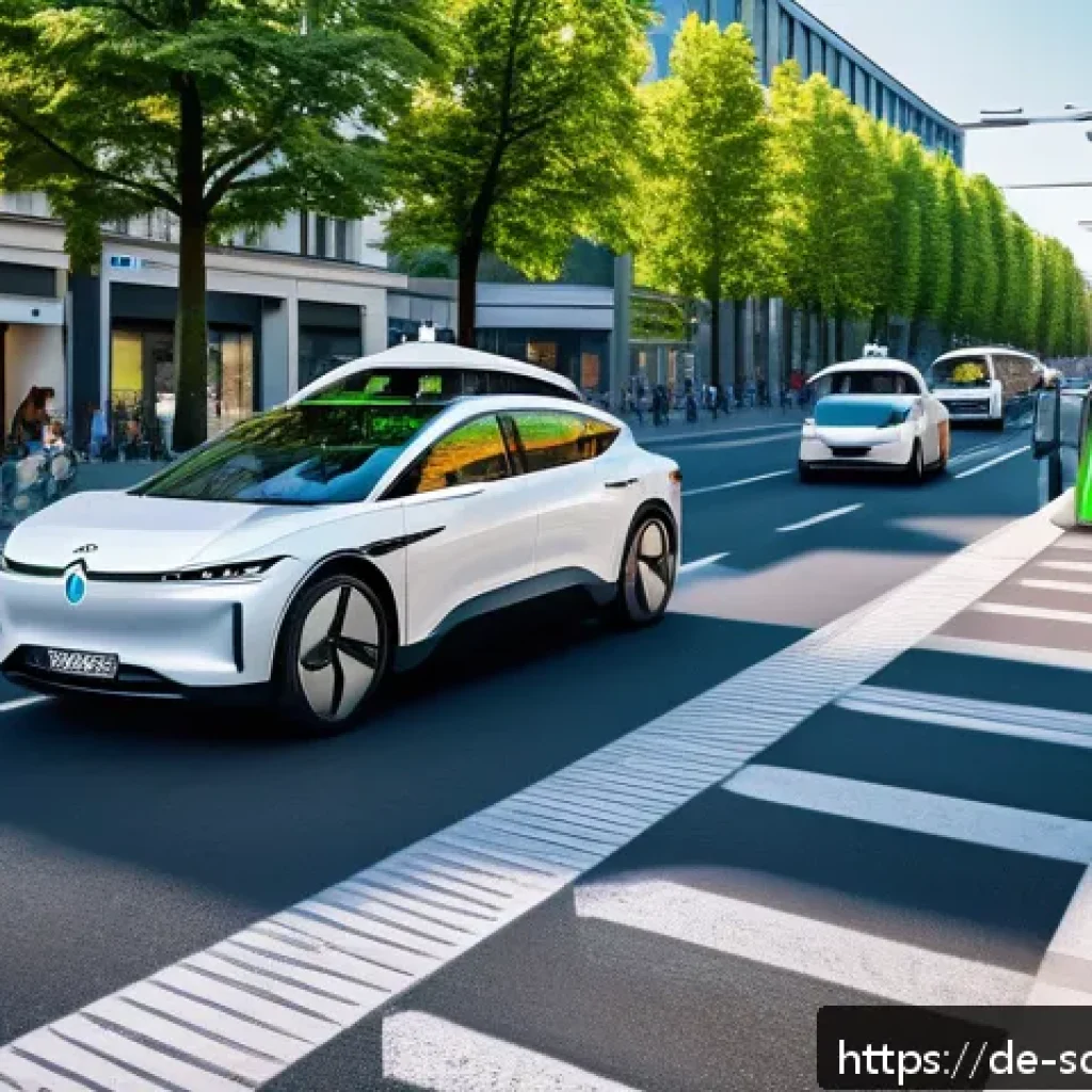 자율주행 도시 설계에 필요한 기술적 요소 - A futuristic urban street scene in Berlin showcasing autonomous electric vehicles communicating with...