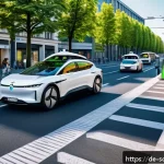자율주행 도시 설계에 필요한 기술적 요소 - A futuristic urban street scene in Berlin showcasing autonomous electric vehicles communicating with...