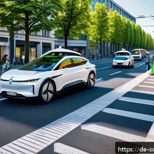 자율주행 도시 설계에 필요한 기술적 요소 - A futuristic urban street scene in Berlin showcasing autonomous electric vehicles communicating with...