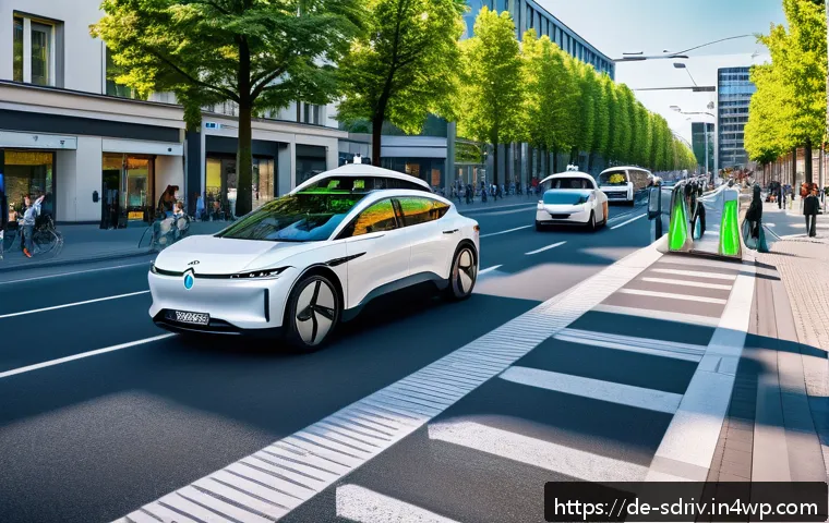 자율주행 도시 설계에 필요한 기술적 요소 - A futuristic urban street scene in Berlin showcasing autonomous electric vehicles communicating with...